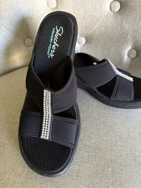 Skechers Black Slip-On Sandals with Rhinestone Accent